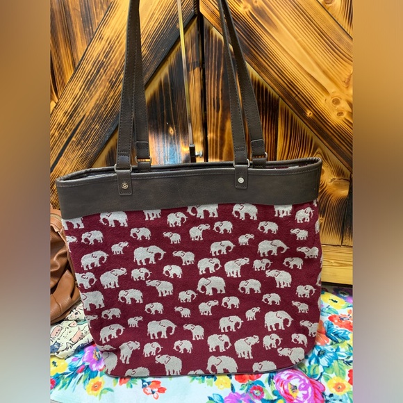 None Handbags - Elephant Patterned Tote Bag - Burgundy and Brown